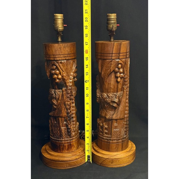 Vintage Sculptural Carved Lamps Pair / Mid-Century / Tribal / Folk Art Vibe - Picture 13 of 13